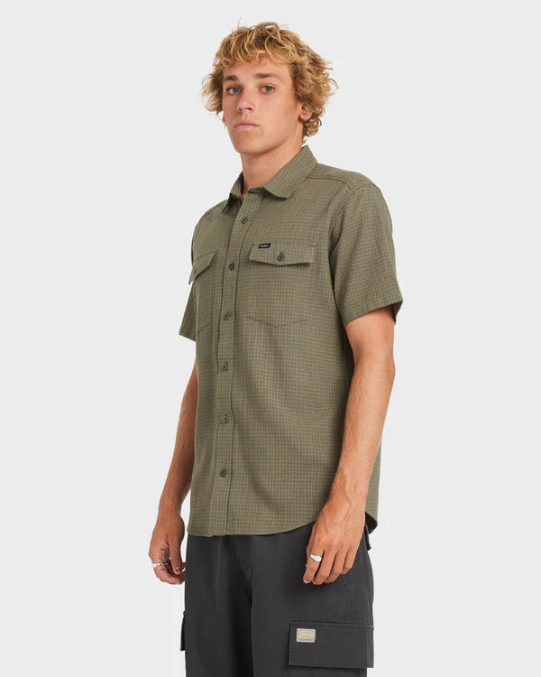 COSTA PLAID SAGE GREEN RVCA MENS COLLARED SHIRT POCKETS LOGO BOYS CHECKERED CHECK