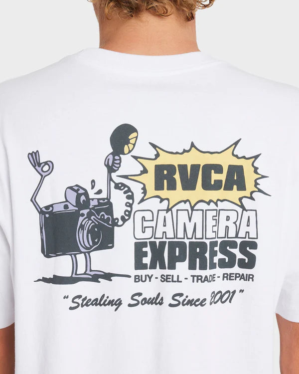 CAMERA EXPRESS SS MENS SHORT SLEEVE T-SHIRT RVCA IMAGE COTTON HEAVY WEIGHT RELAXED FIT LARGE PRINT WHITE