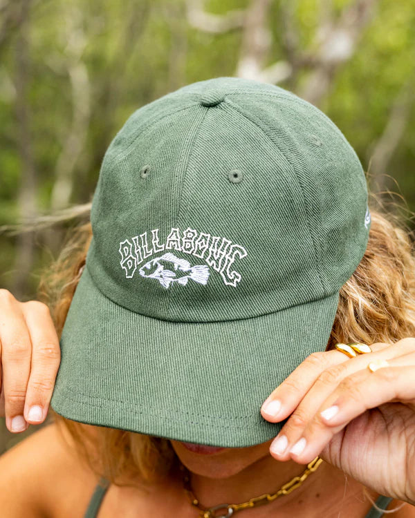 OTIS ESTUARY DAD CAP BILLABONG WOMENS HAT PINE GREEN FISH STITCHING Dad cap Fitted construction Adjustable snapback Exterior branding embroidery and print