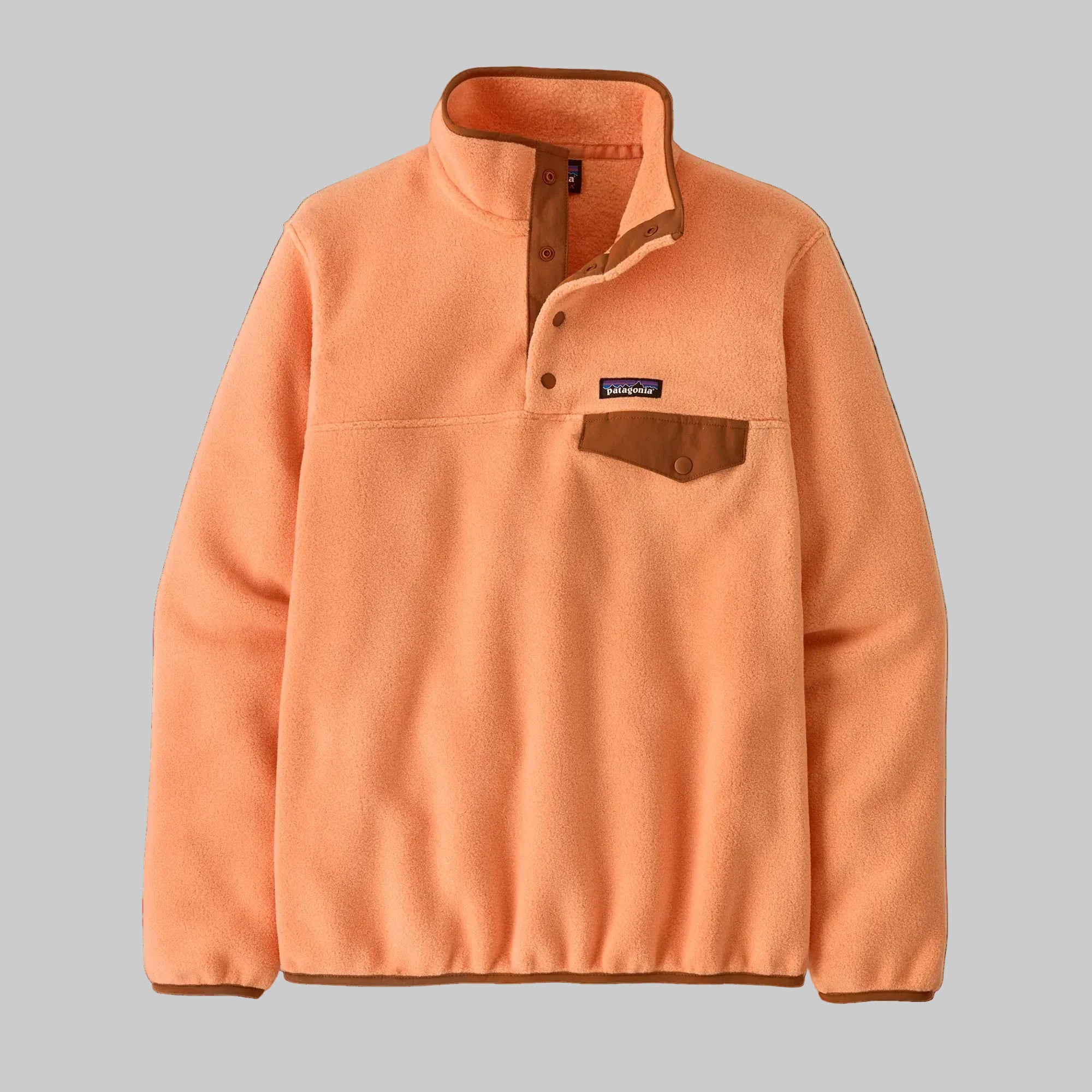 Orange fleece pullover with brown accents on a light gray background
