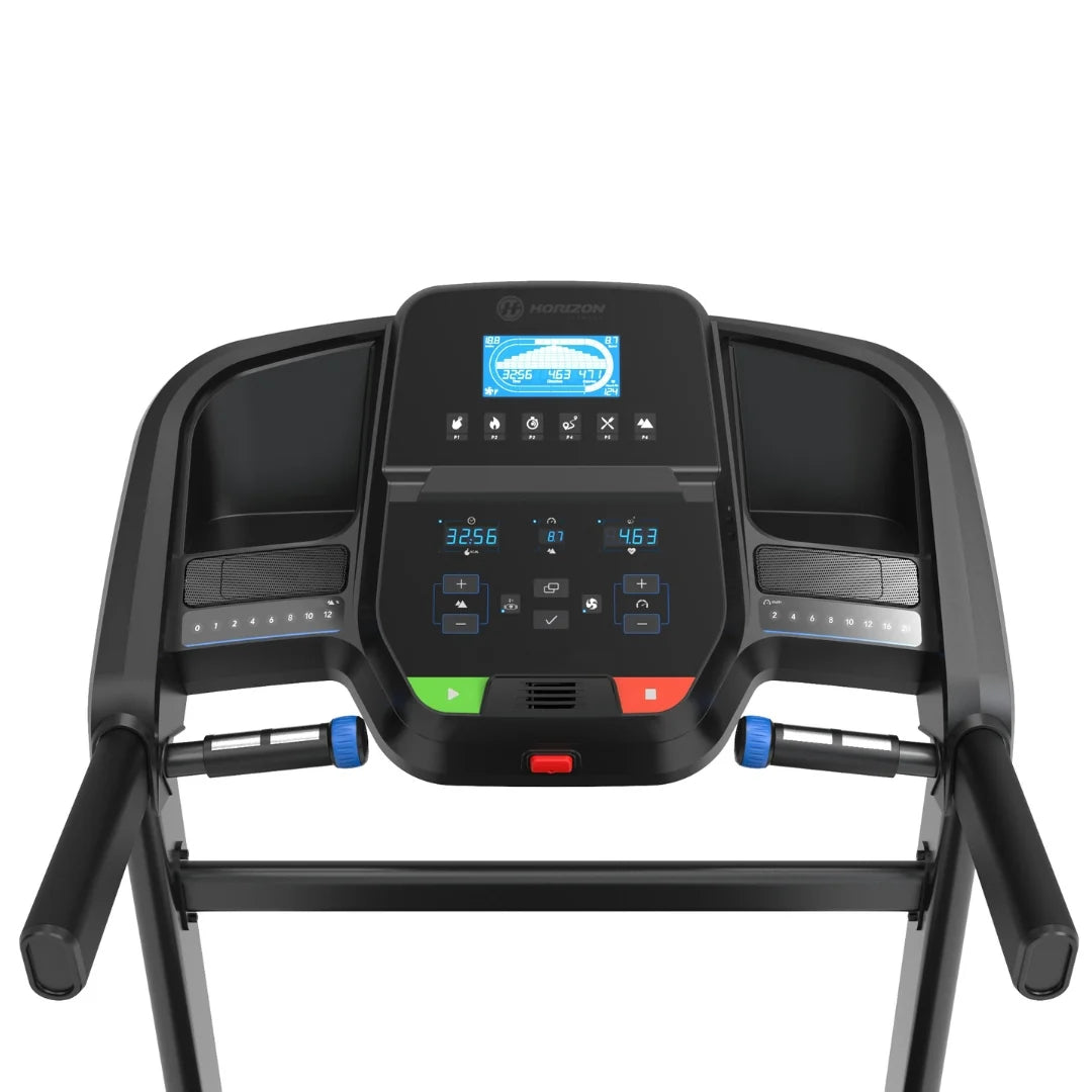 T202 TREADMILL HORIZON Bluetooth connects to your device to stream media through integrated speakers
Includes free app to control your workout and push data to favorite fitness apps, plus device holder and rapid-charge USB port
Quickly shift speed and incline with one-touch keys
Powerful, 2.75 CHP motor, that is tuned for interval training with quick speed and incline changes that match your workout pace.
60” 3-Zone cushioned deck for comfortable footfalls
Effortless folding design BLACK BLUE GREY