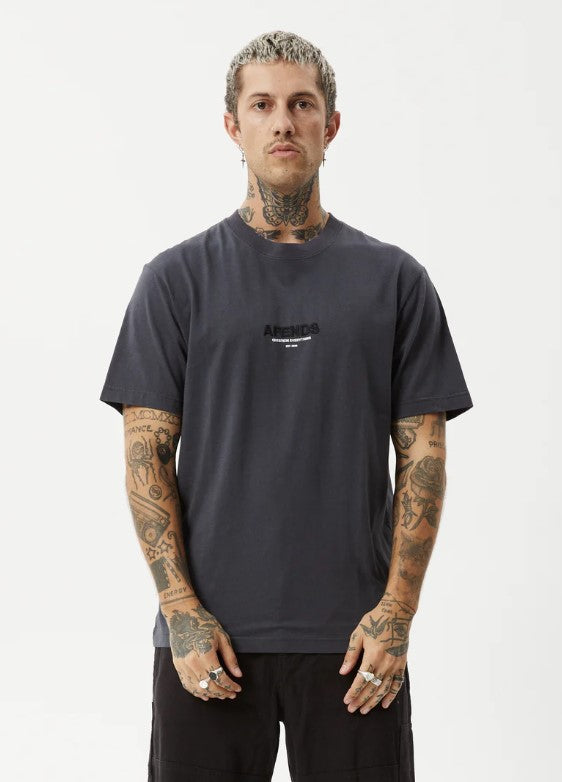 AFENDS MENS T-SHIRT EMBROIDED PRINT RIBBED CREW NECK VINYL RETRO TEE CHARCOAL MENS TEE