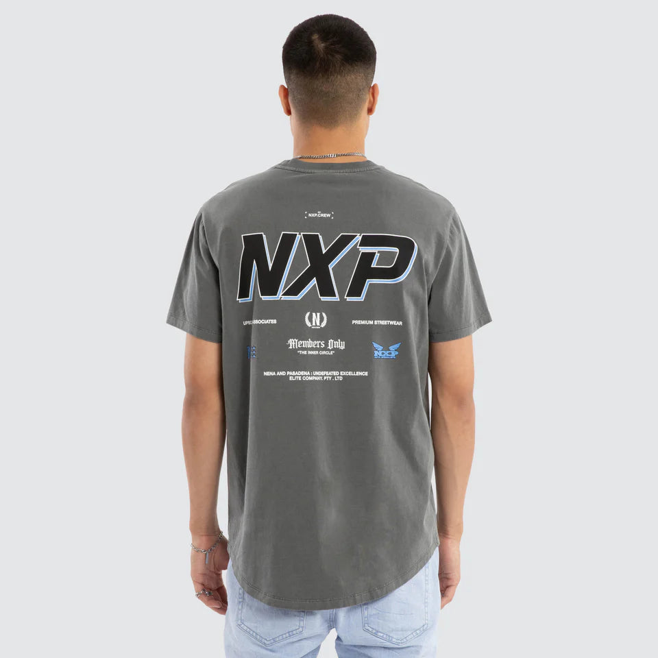 Person wearing a gray t-shirt with 'NXP' branding on the back, standing against a plain background.