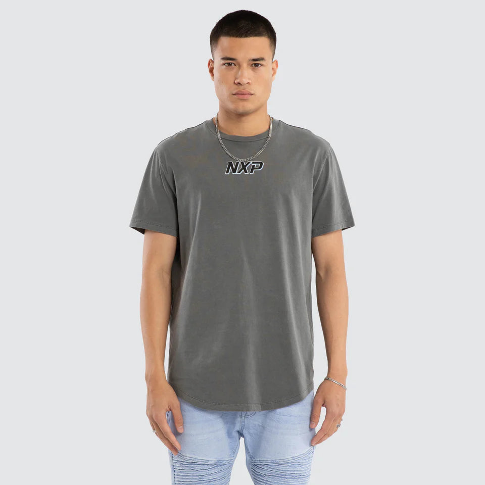 Man wearing a gray t-shirt with 'NXP' logo on a white background