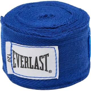 Blue boxing hand wraps with Everlast logo on a white background
