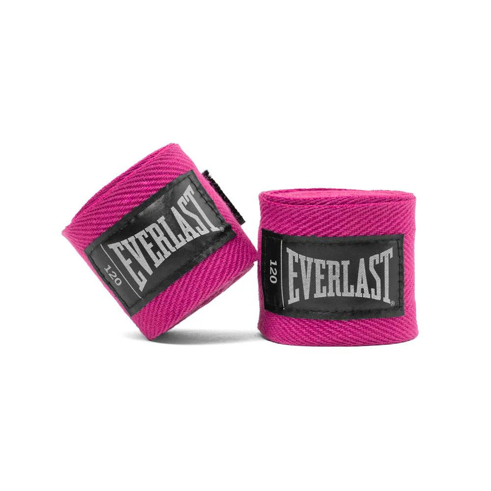 Two pink boxing hand wraps with Everlast branding on a white background
