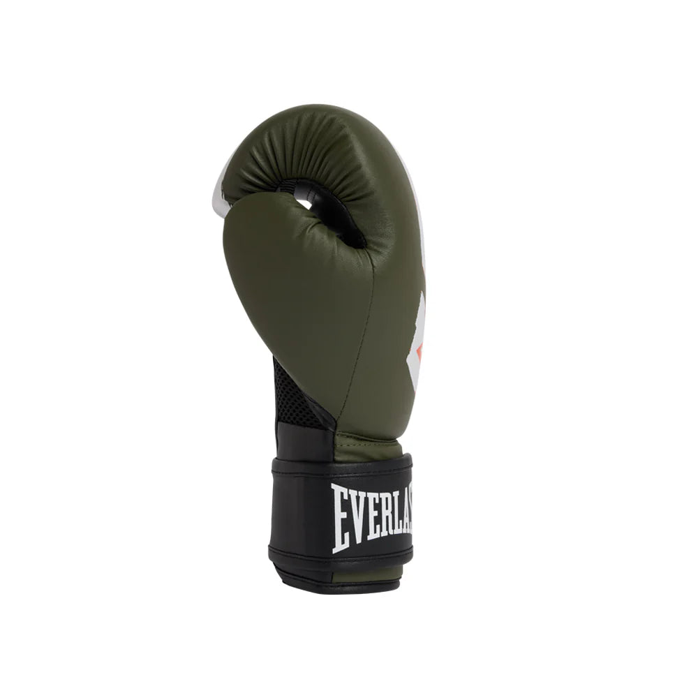 Olive green boxing glove with black accents on a white background, featuring the Everlast brand.