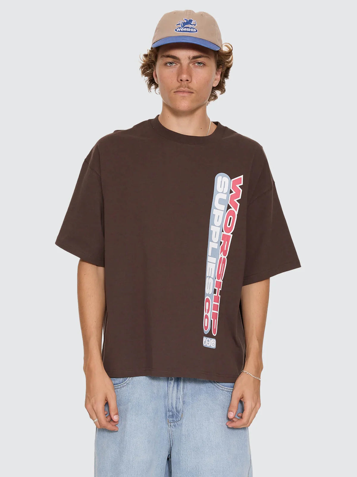 BROWN BOXY CROPPED TEE WITH LARGE WORSHIP SUPPLIES CO LOG ON FRONT AND BACK