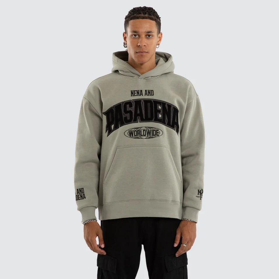 Person wearing a gray hoodie with text on a white background
