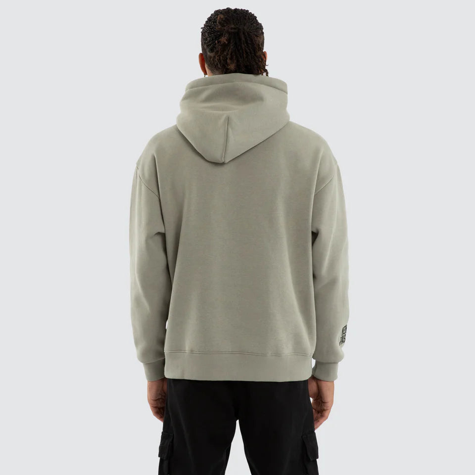 Person wearing a light gray hoodie against a white background