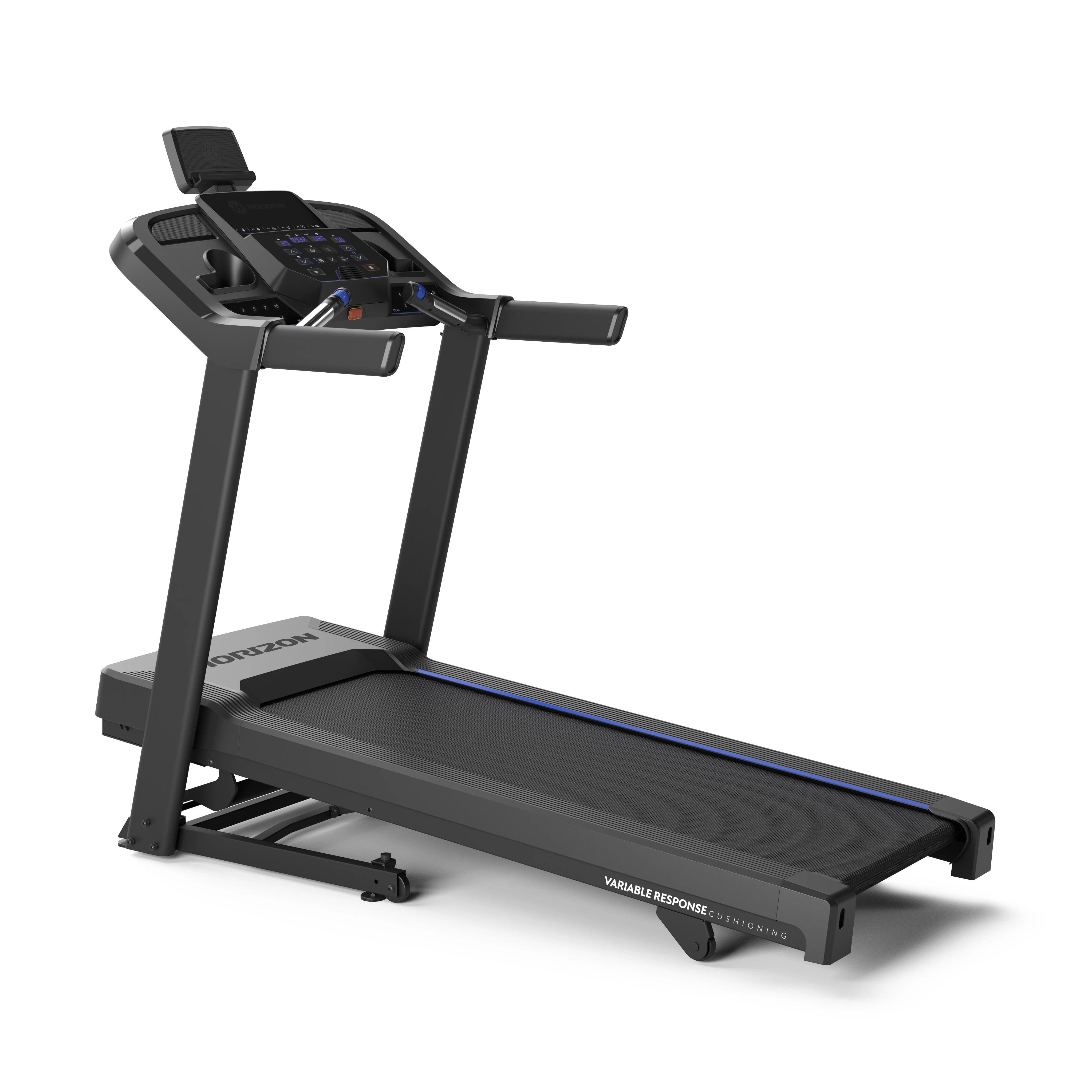 HORIZON 5.0 TRADMILL AT-21 Bluetooth 4.0 FTMS On-Demand Fitness Effortless FeatherLight™ Folding EasyDial™ Thumb Controls Powerful 2.5 HP Motor Speed Range: 0.8 – 16 km/h | Incline Range: 0 – 10% black grey blue Assembled: 179 x 85 x 150 cm | Folded: 116 x 85 x 154 cm