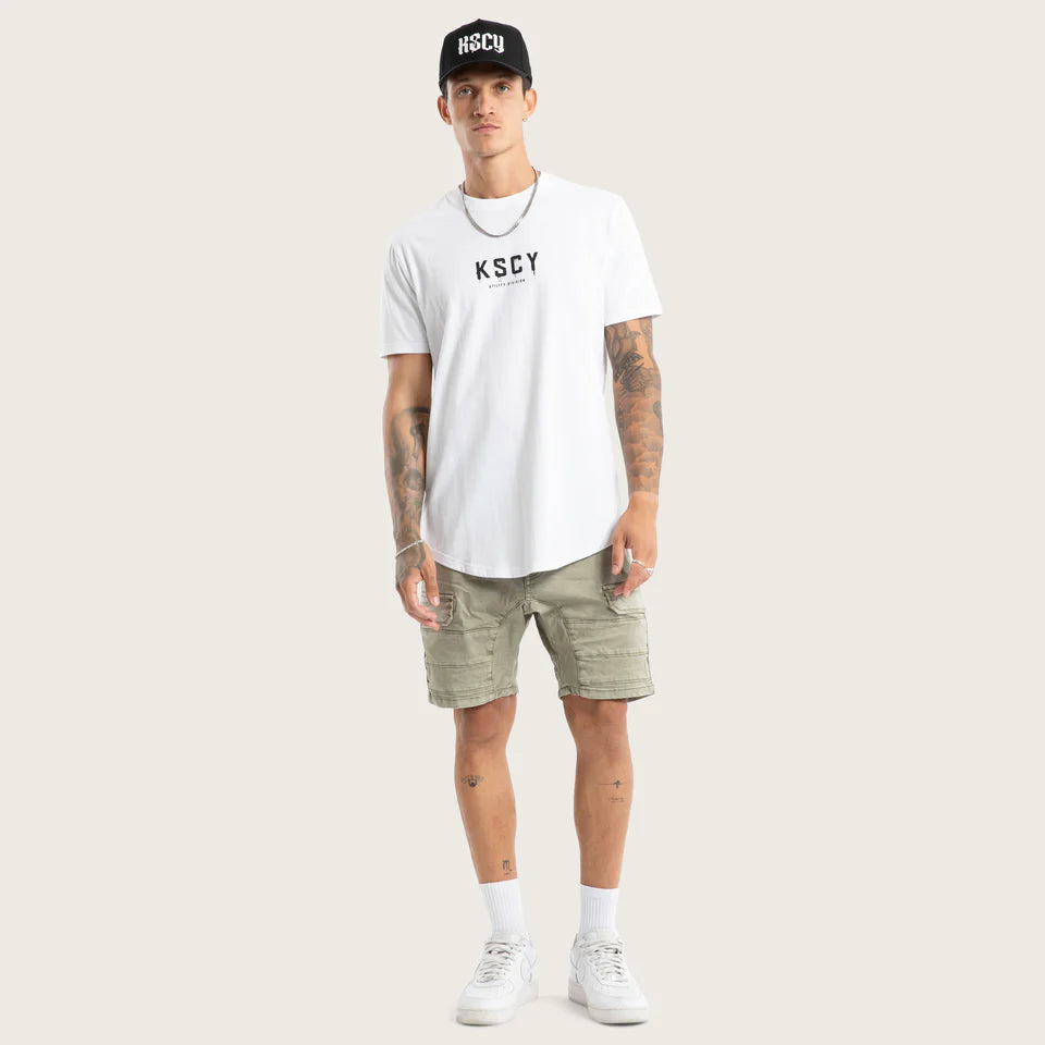 DIVISION DUAL CURVED TEE WHITE KISS CHACEY MID WEIGHT RECYCLED COTTON SLIM FIT LONG LENGTH GRAPHIC PRINT MENS SHORT SLEEVE T-SHIRT