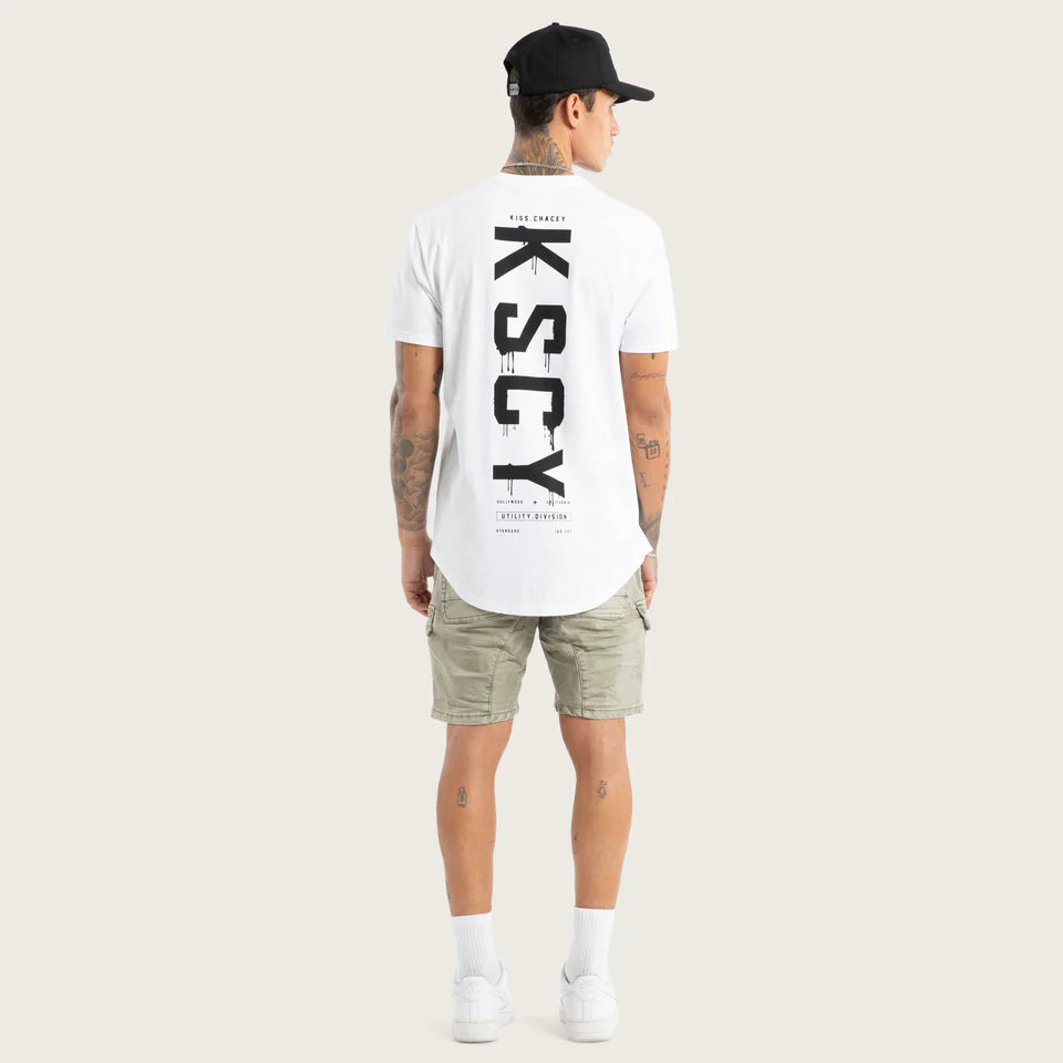 DIVISION DUAL CURVED TEE WHITE KISS CHACEY MID WEIGHT RECYCLED COTTON SLIM FIT LONG LENGTH GRAPHIC PRINT MENS SHORT SLEEVE T-SHIRT
