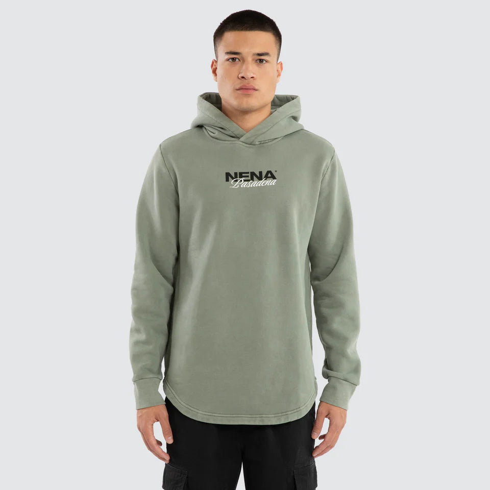 Person wearing a green hoodie with 'NENA Pasadena' branding on a white background