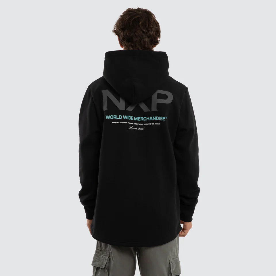 Person wearing a black hoodie with a logo on the back against a white background