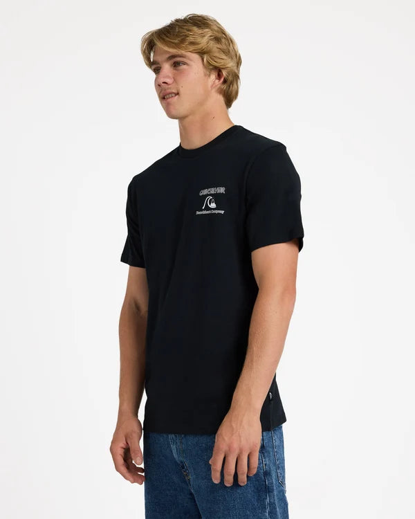 Person wearing a black t-shirt with a logo on a white background