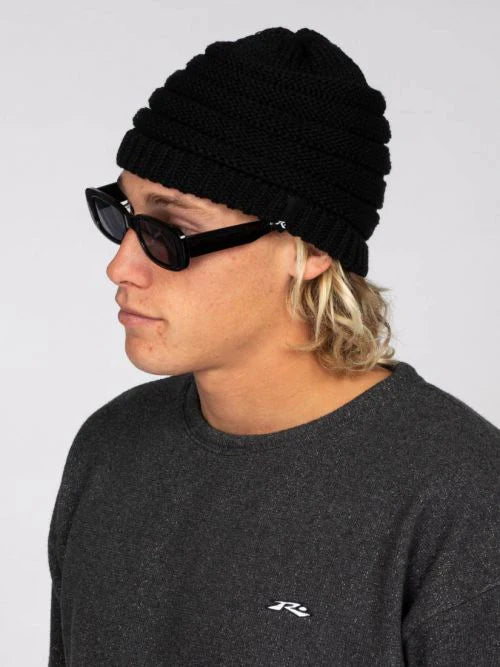 Person wearing a black knit beanie and sunglasses on a plain background