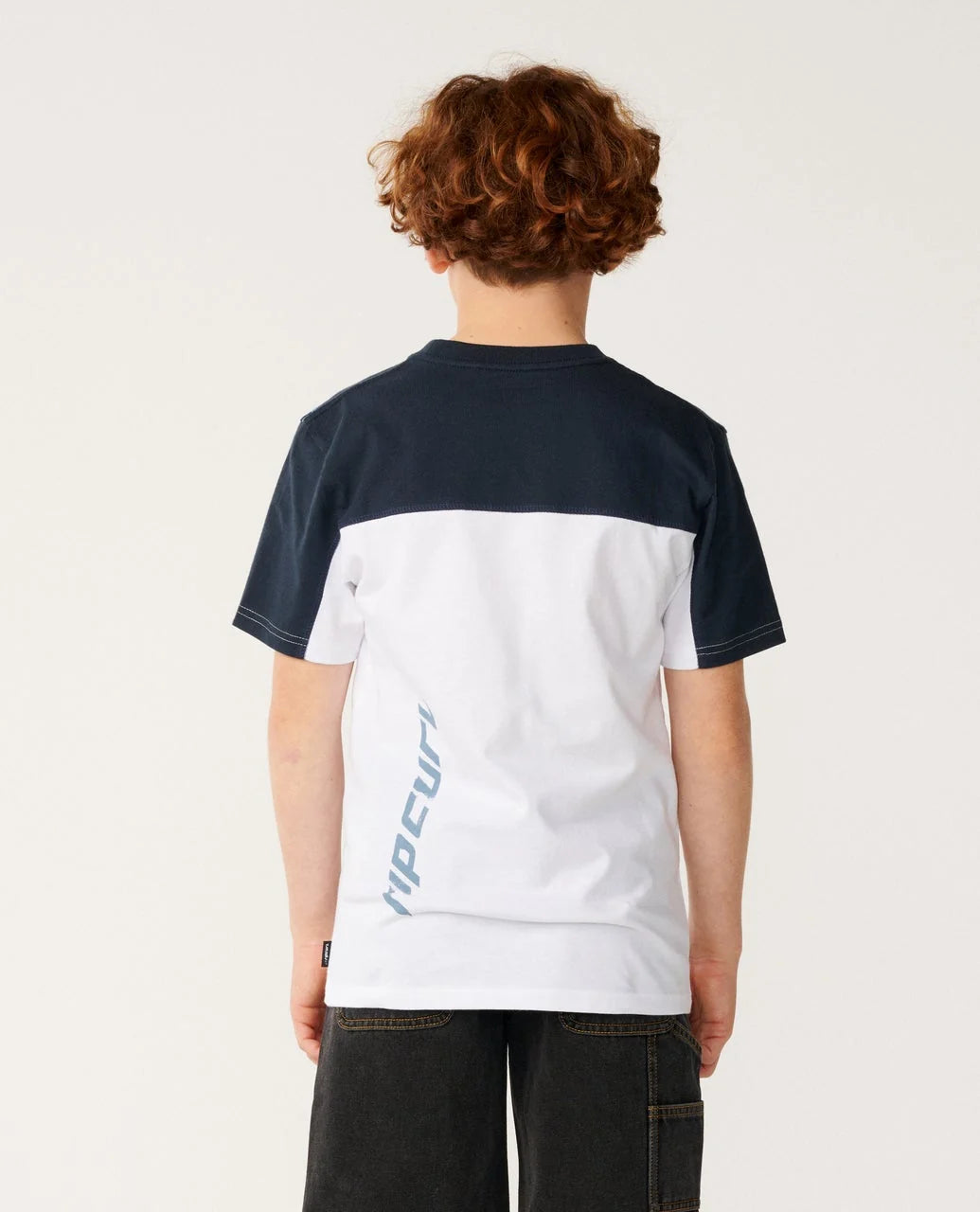 Child wearing a navy and white t-shirt with 'HIPCURF' branding on a light gray background