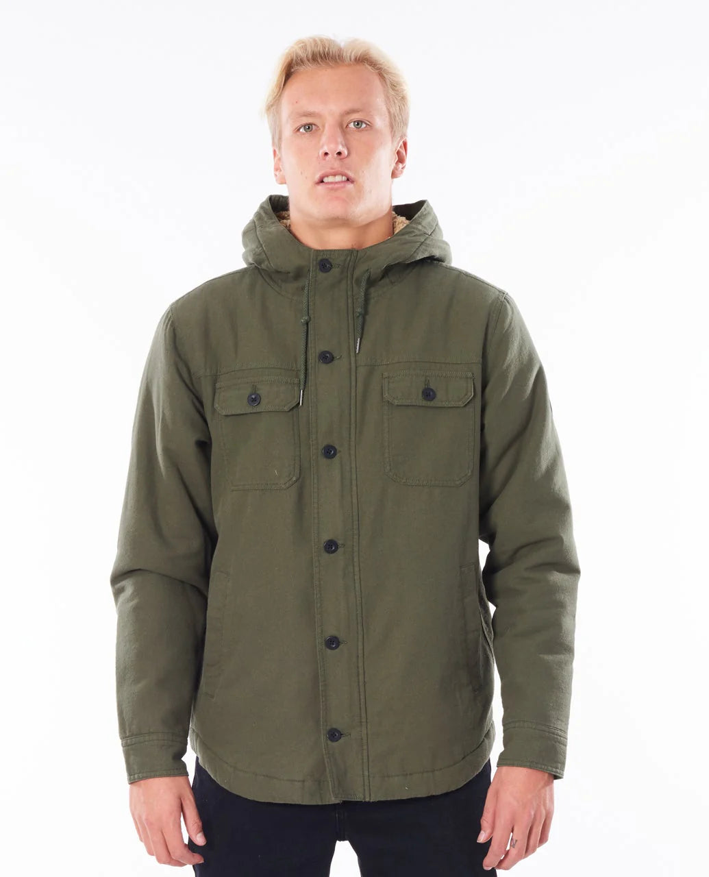 Man wearing an olive green jacket with a hood on a white background