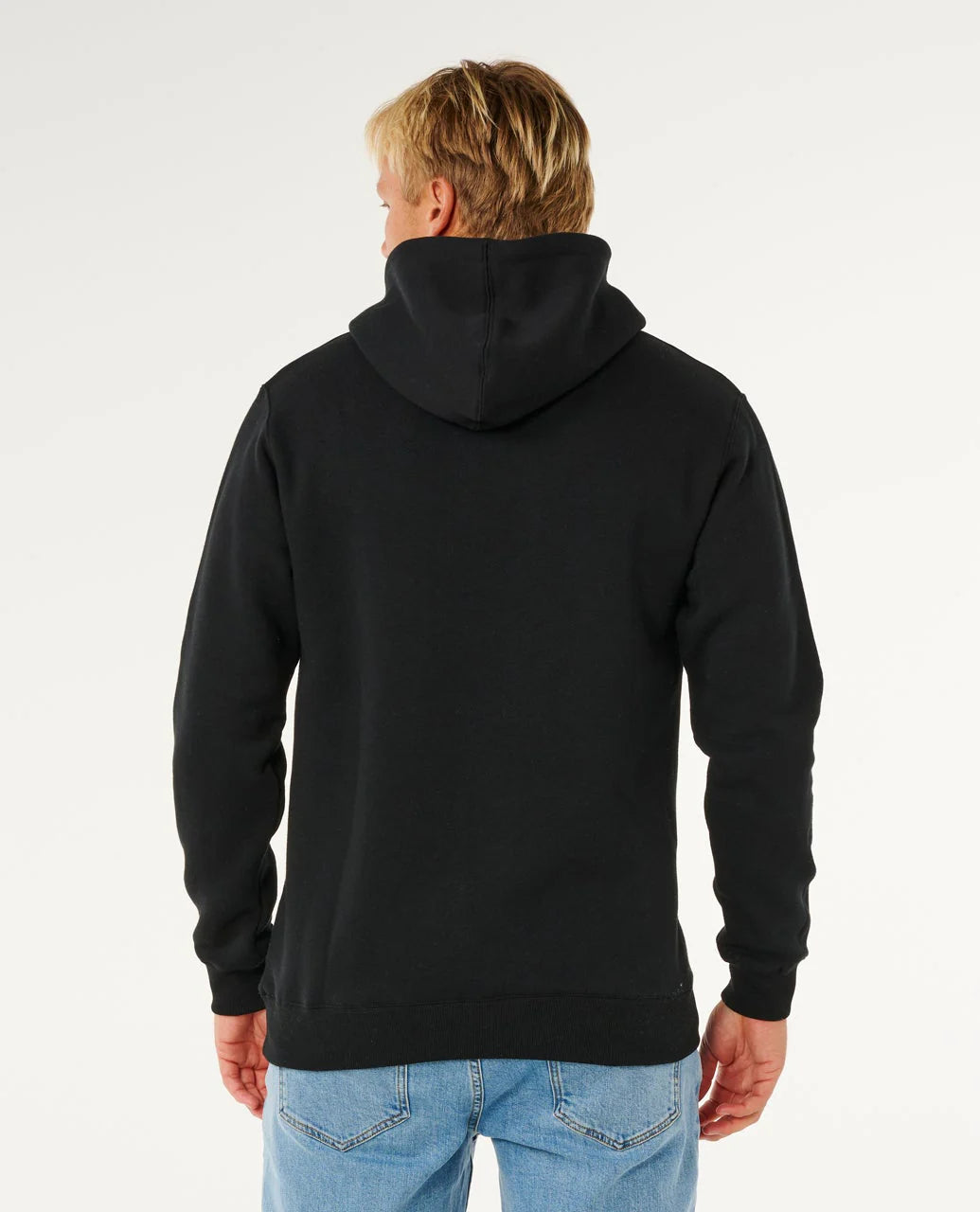 Person wearing a black hoodie from behind on a white background