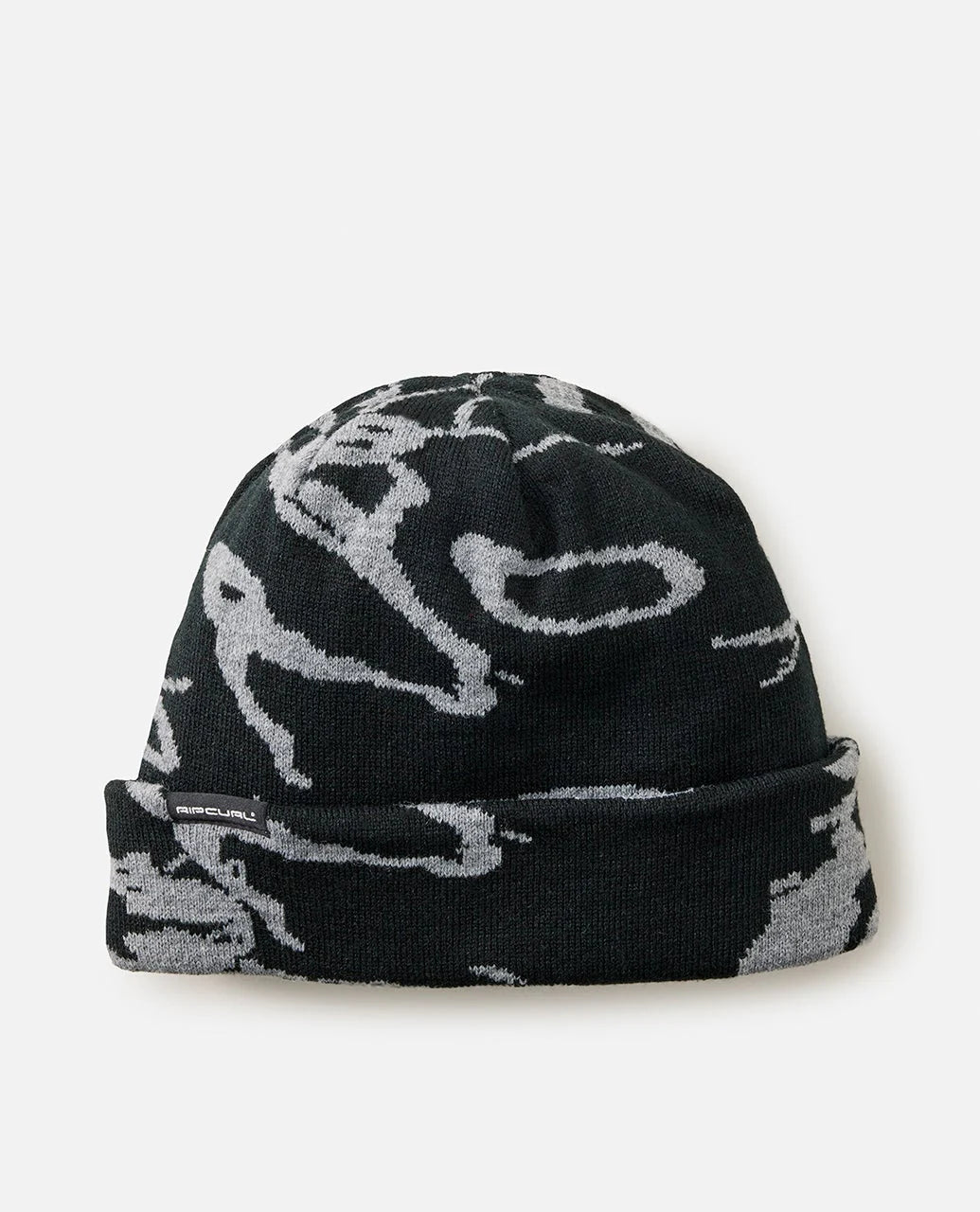 Black beanie with white abstract patterns on a light gray background