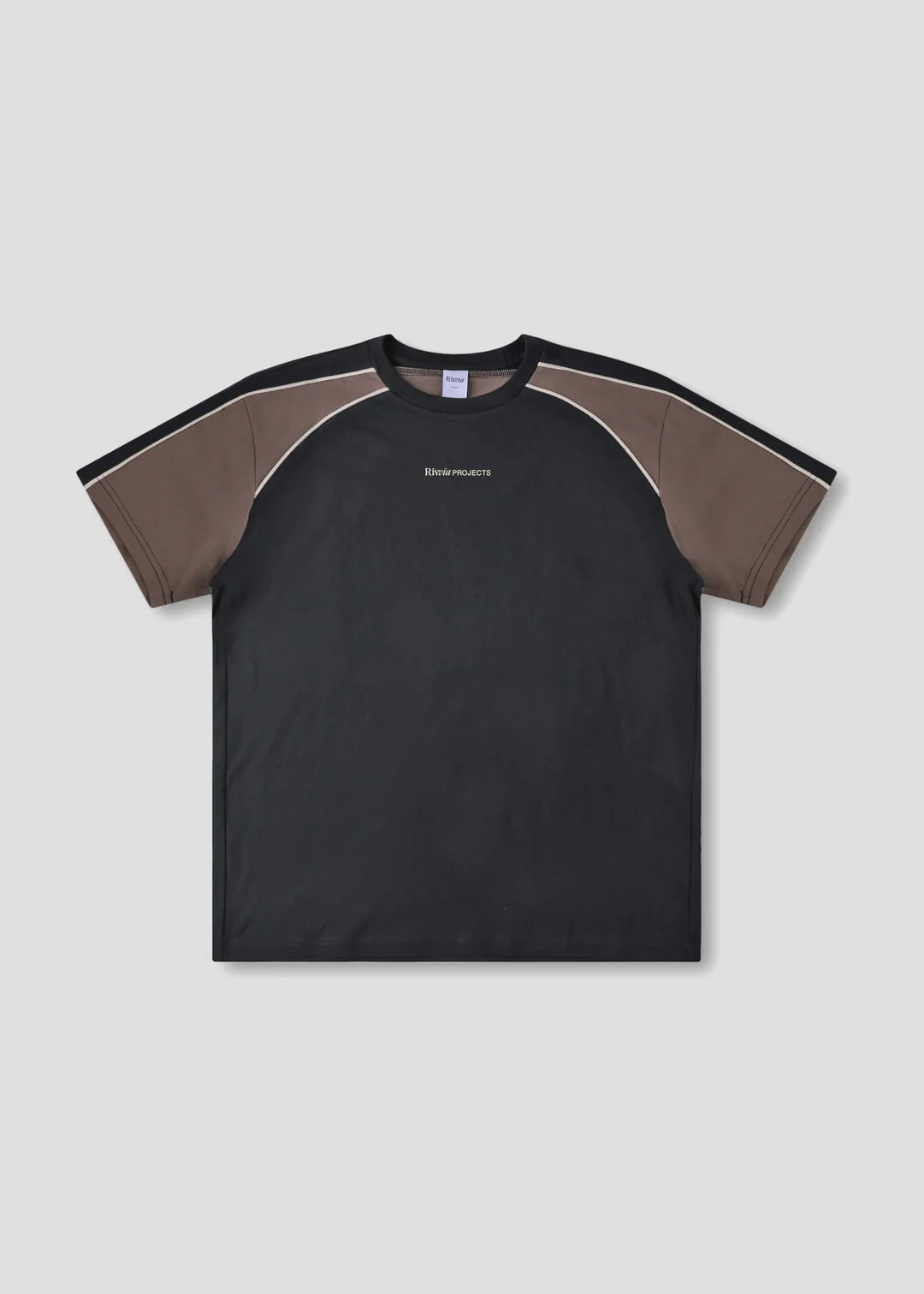 Black t-shirt with brown sleeves on a light gray background