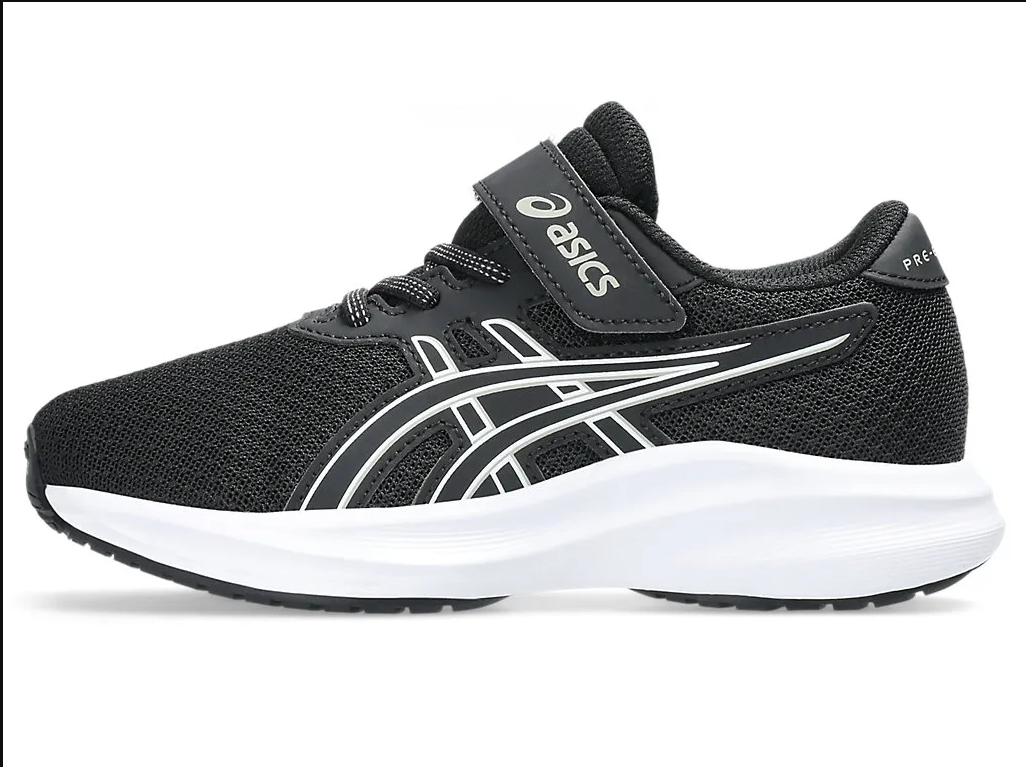 Black and white running shoe with Asics logo on a white background