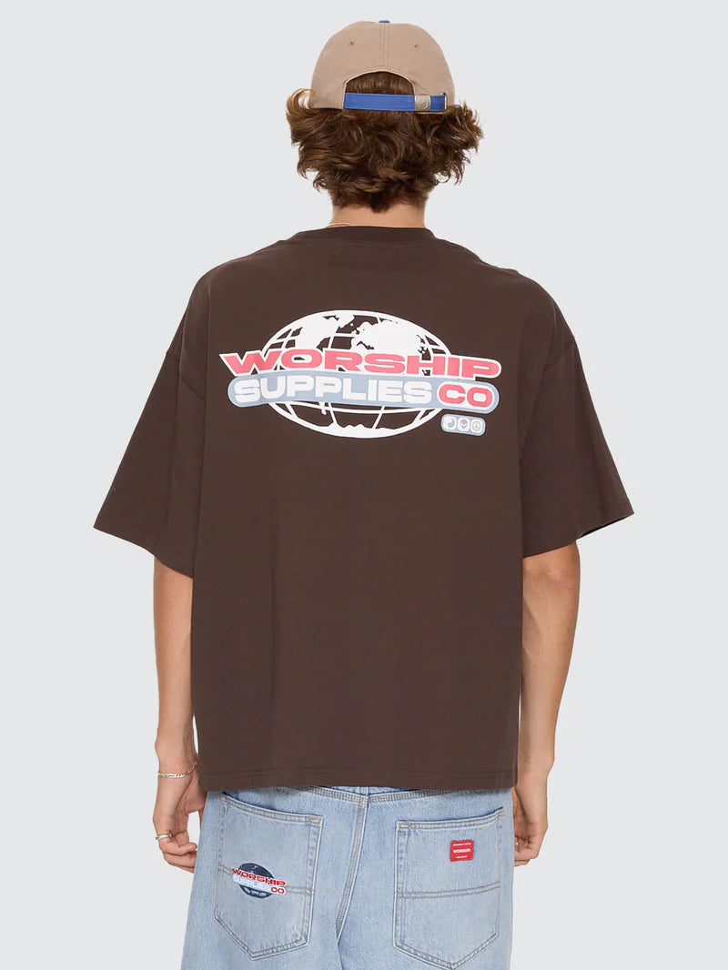 BROWN BOXY CROPPED TEE WITH LARGE WORSHIP SUPPLIES CO LOG ON FRONT AND BACK