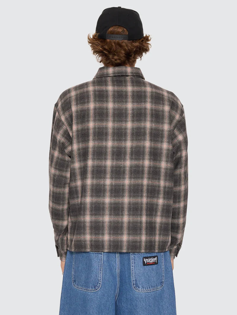 BROWN ZIP UP JCKET WITH A BUTTONED FRONT POCKET DISPLAYING THE WORSHIP LOGO