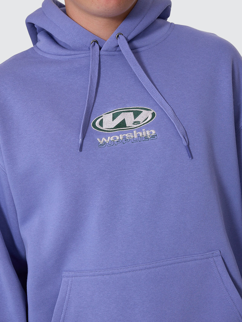 Purple hoodie with a logo on the chest against a white background