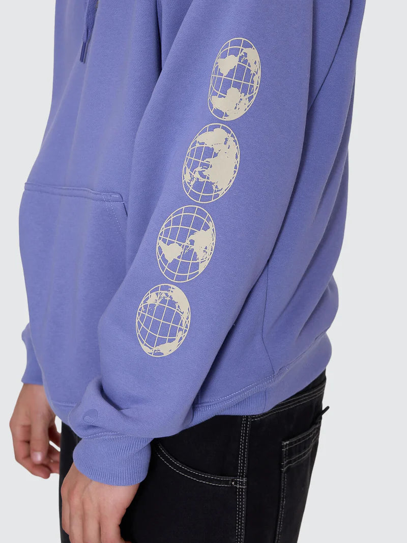 Purple hoodie with earth graphic design on a plain background
