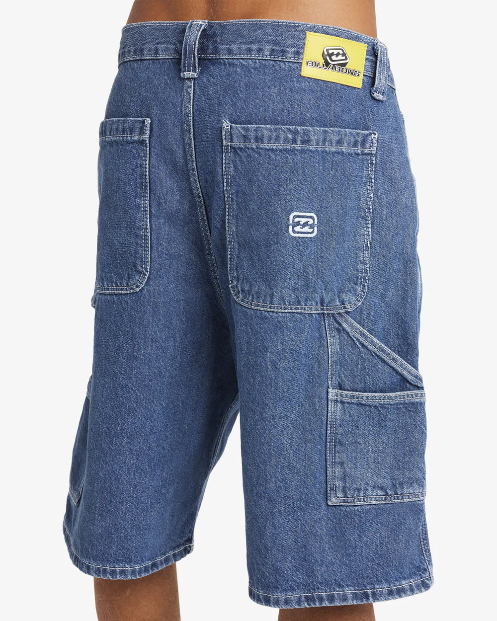 Blue denim shorts with a brand logo on a white background