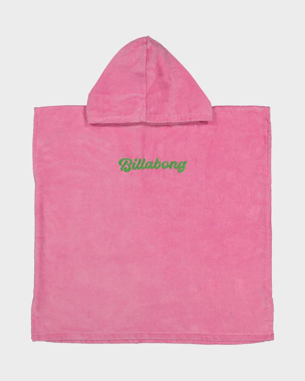 Pink hooded towel with 'Billabong' logo on a light gray background