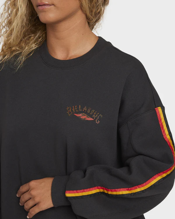 Black sweatshirt with colorful trim and logo on a white background