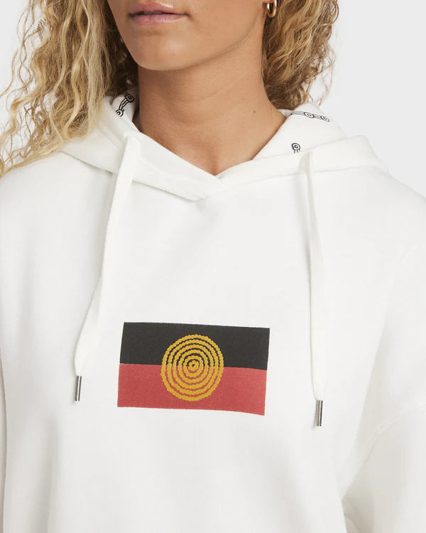 White hoodie with a flag design on the chest against a white background
