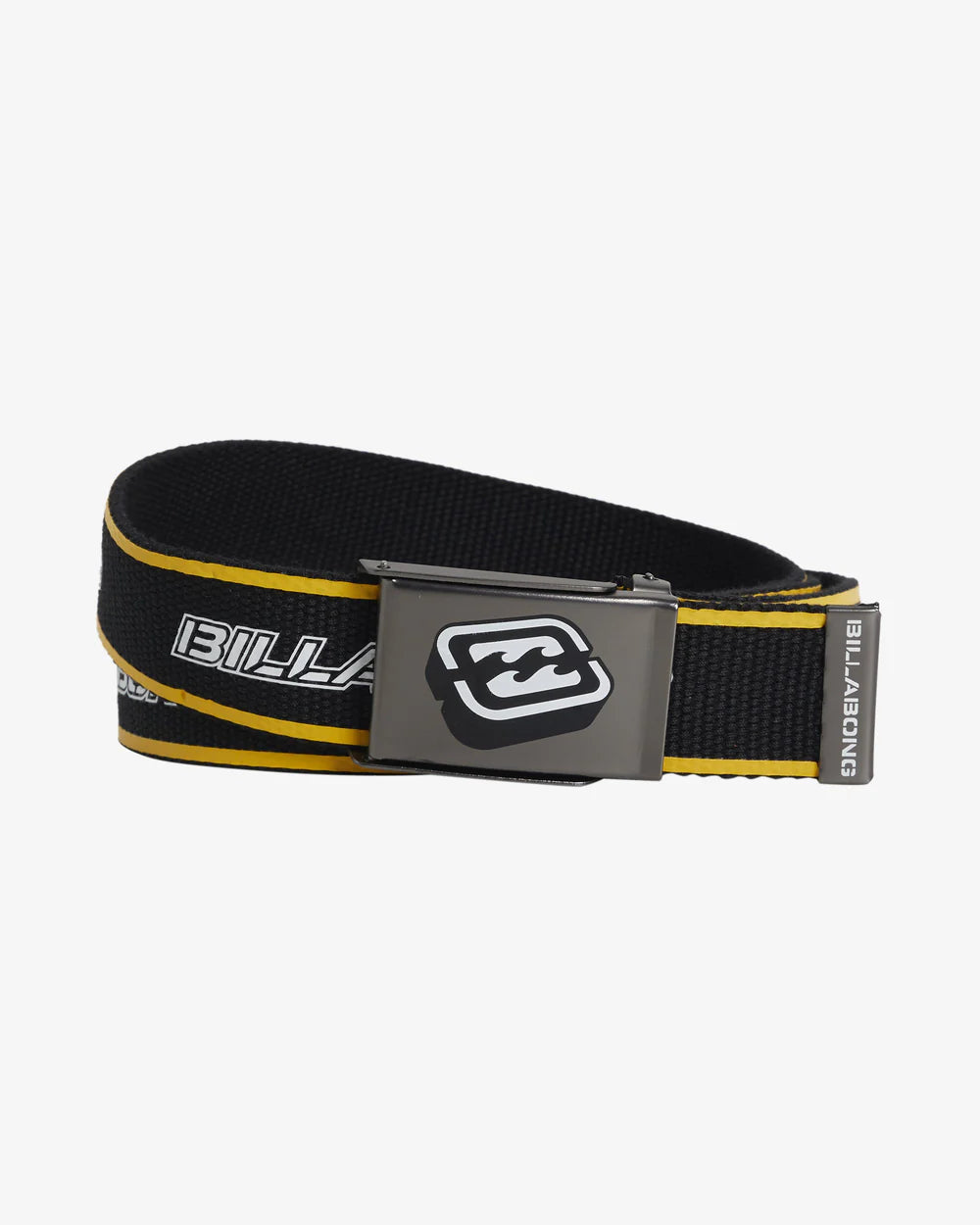 Black and yellow belt with a brand logo on a white background