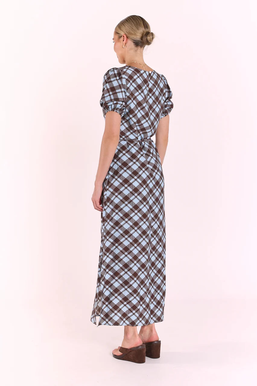 chocolate and blue long dress