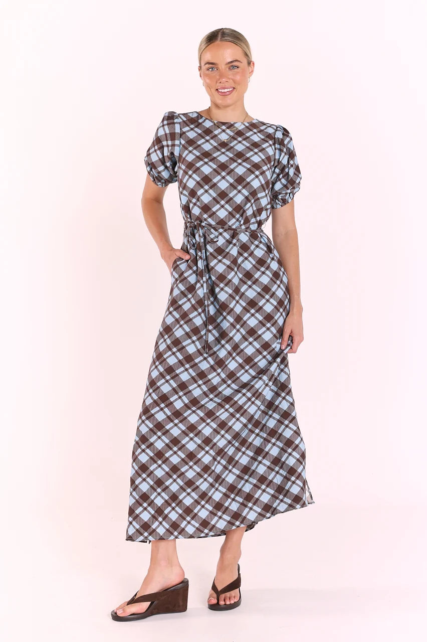 loretta dress choc brown pale blue
