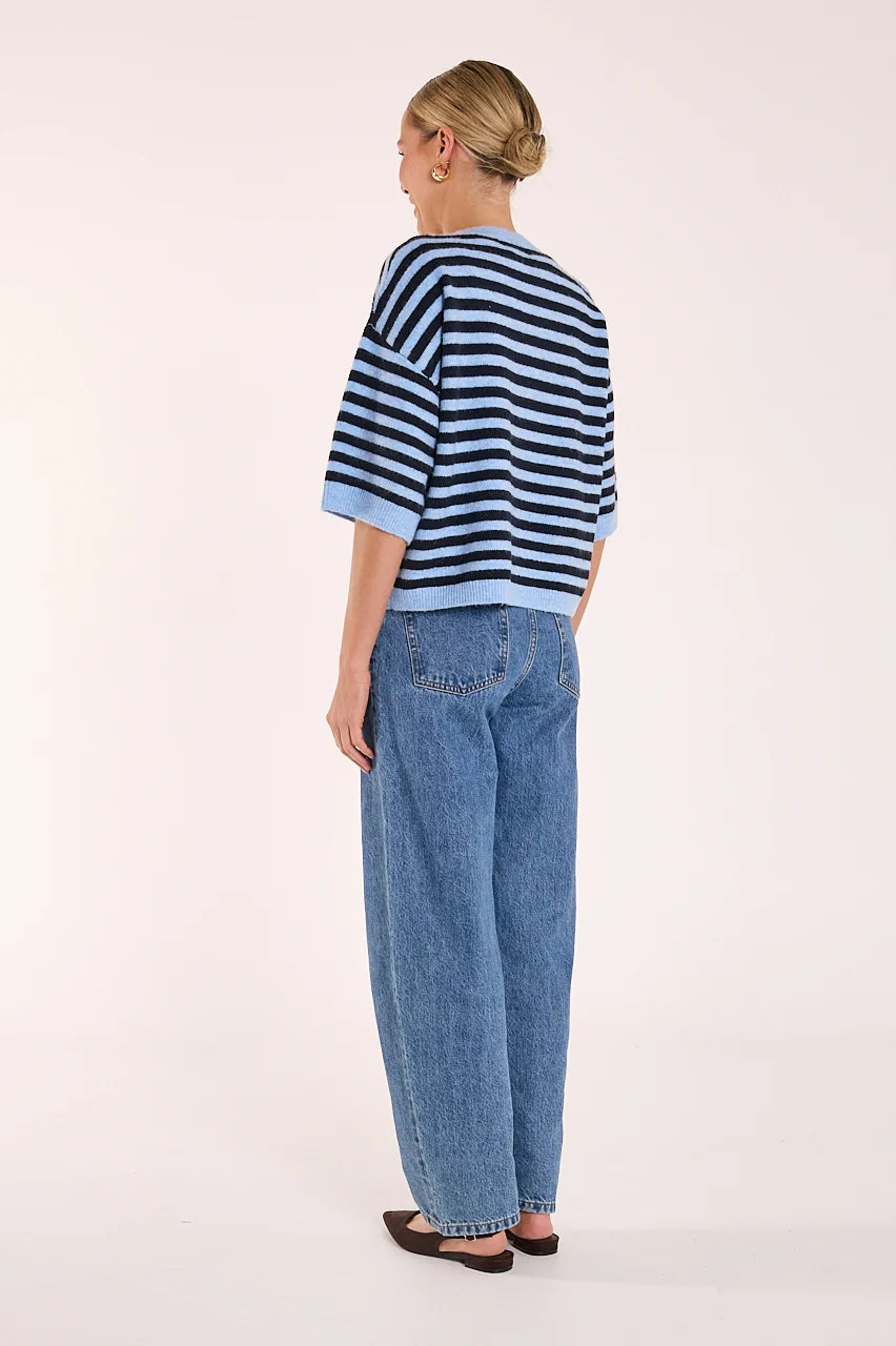 blue and chocolate stripted knit