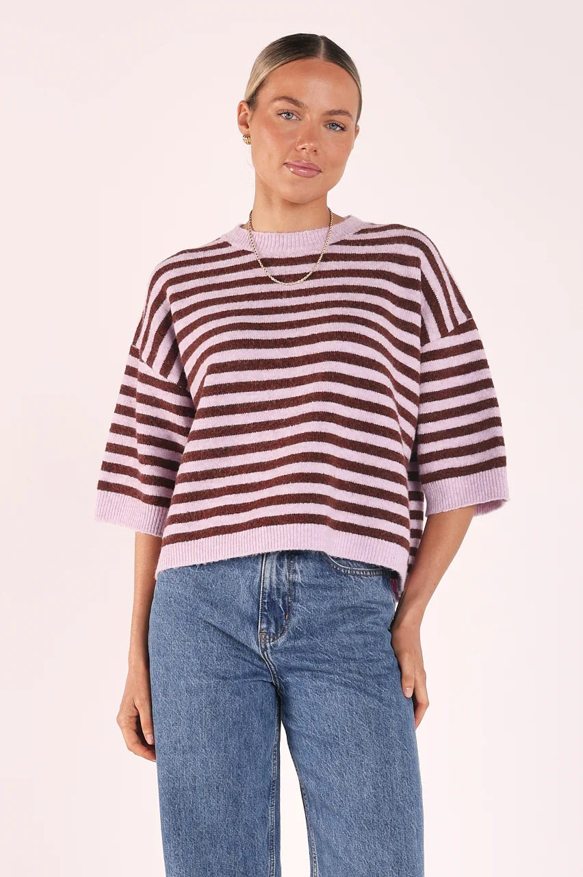 lilac and brown stripe knit top