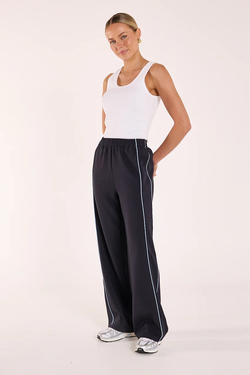 navy wide pant with pale blue piping