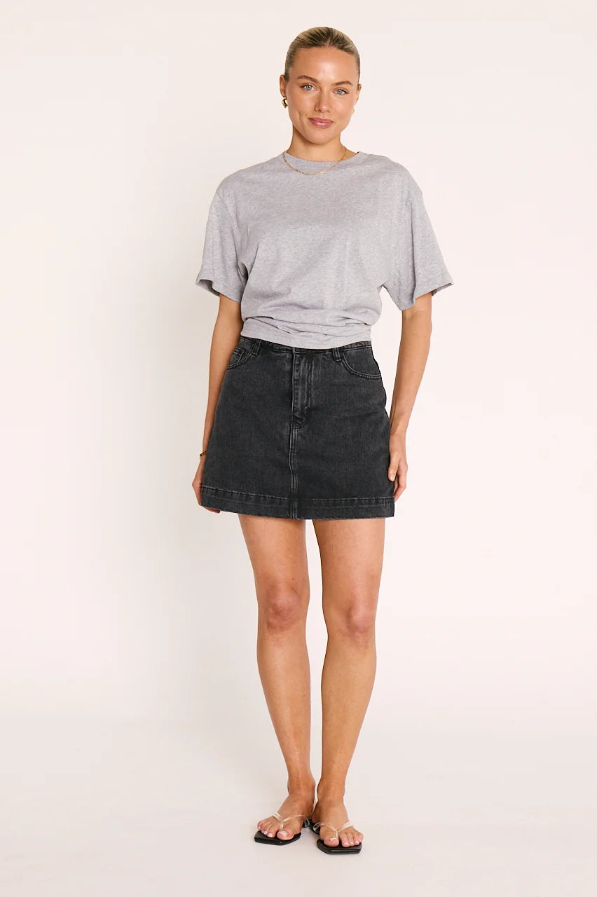 feather and noise washed black denim skirt with built in shorts