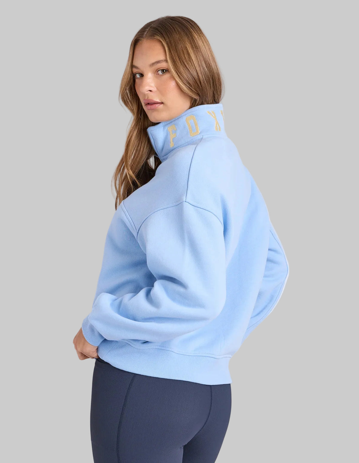 foxwood blue quarter zip jumper with yellow writing