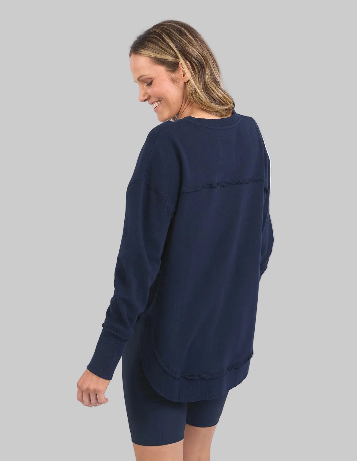 navy sweatshirt with metallic logo