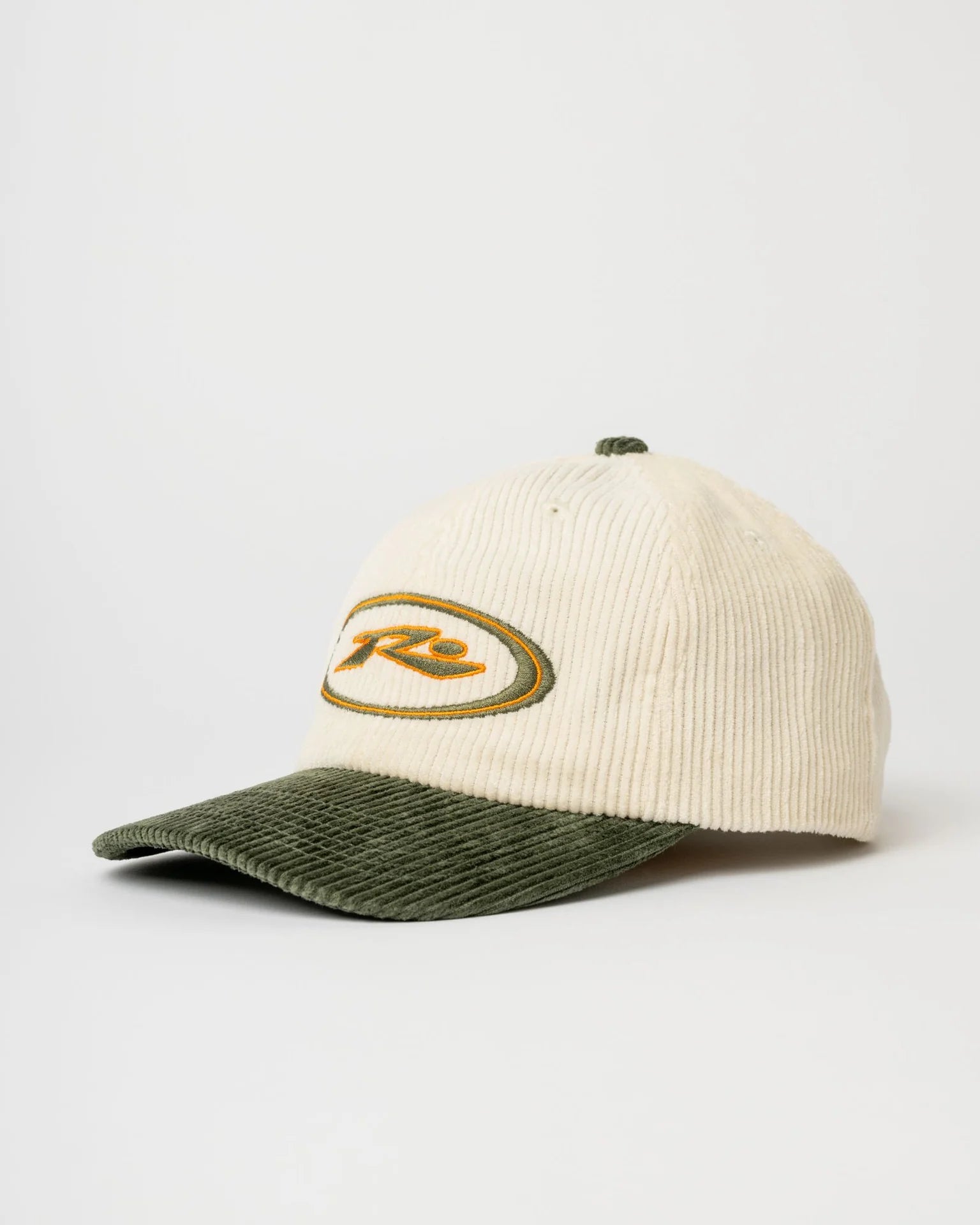 Two-tone cord cap with a logo on a white background