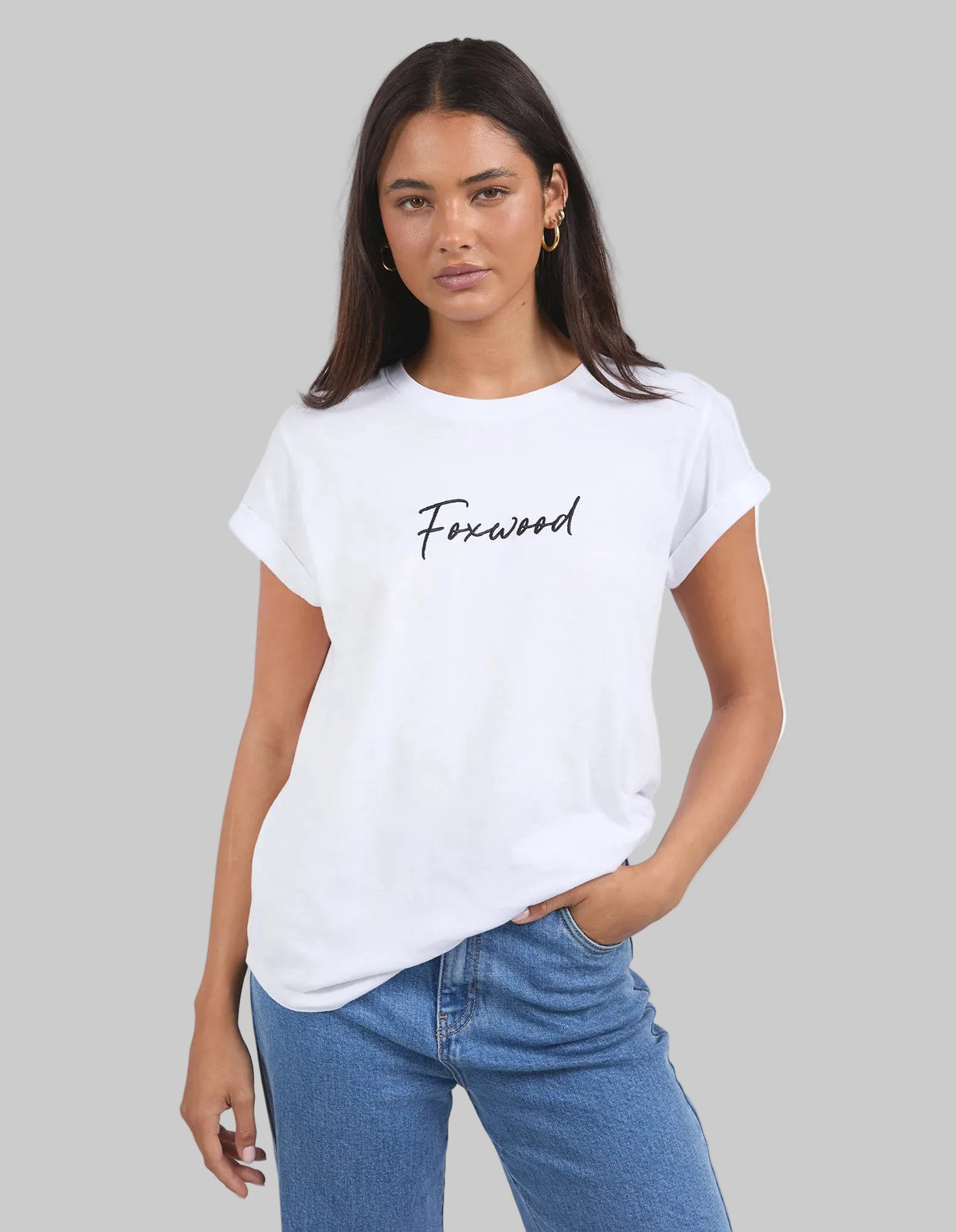 white t-shirt with cuffed sleeve