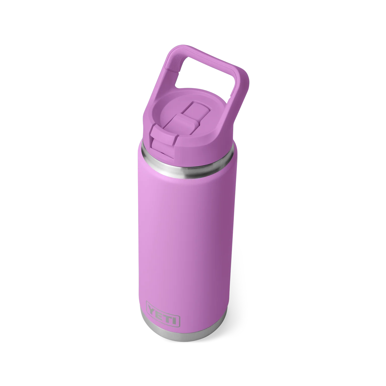 Purple water bottle with a silver base on a white background