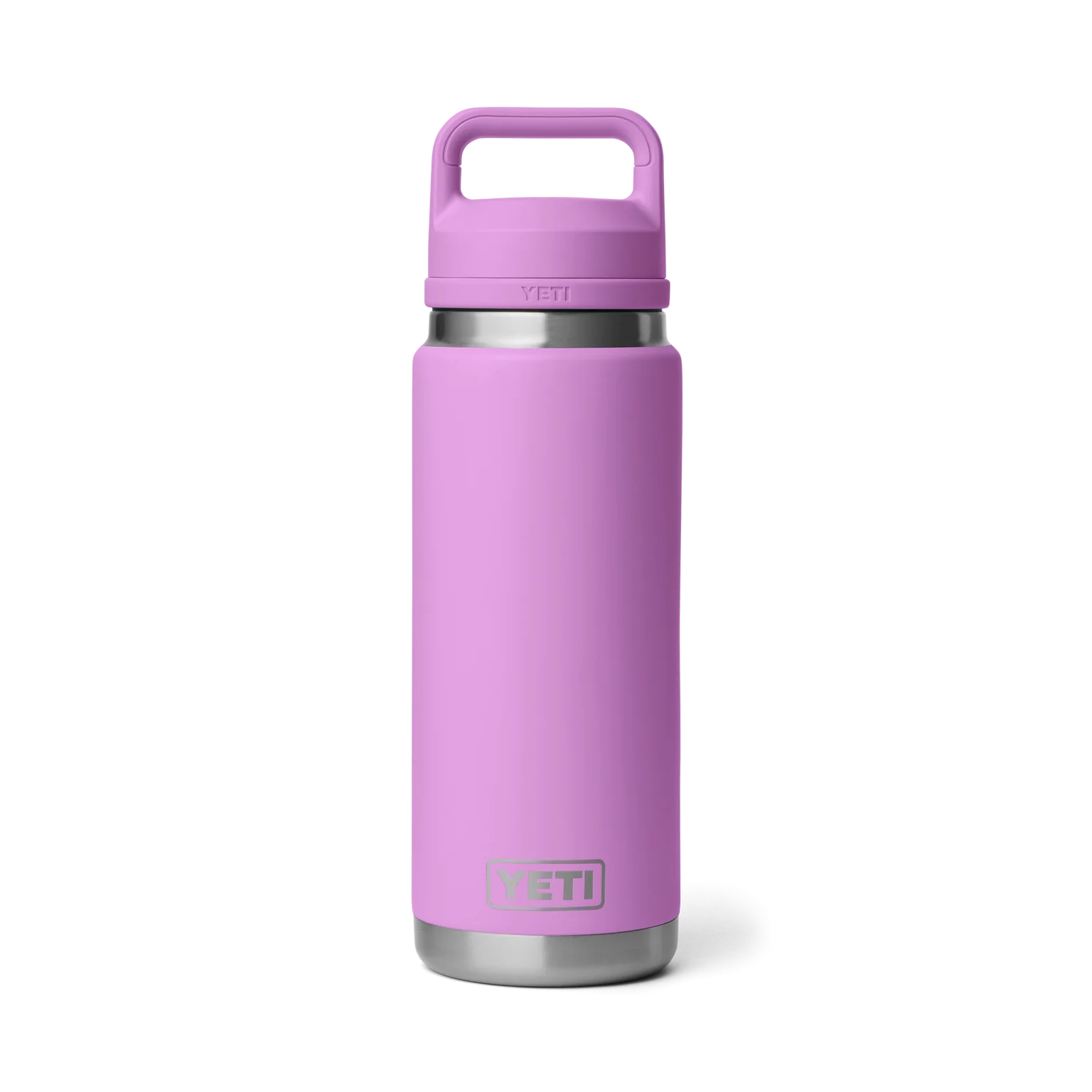 Purple YETI water bottle with a lid on a white background