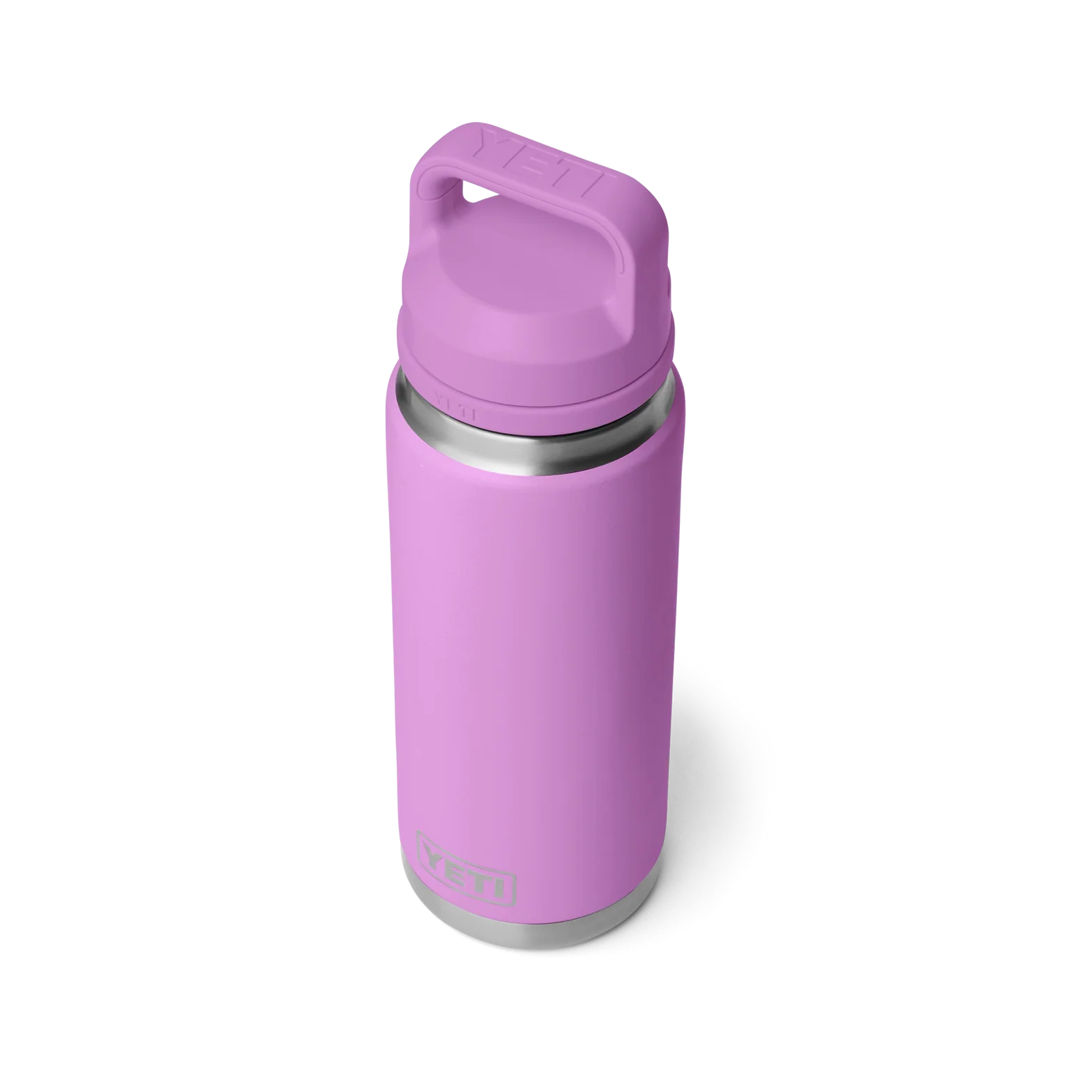 Purple YETI water bottle with a silver base on a white background