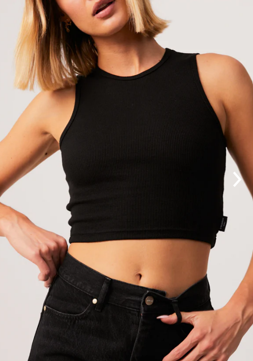 DALSTON HEMP RIBBED TANK BLACK AFENDS LADIES CLOTHING SINGLET TOP CROPPED HIGH ROUNDED NECK LINE FITTED SILOHOUETTE
